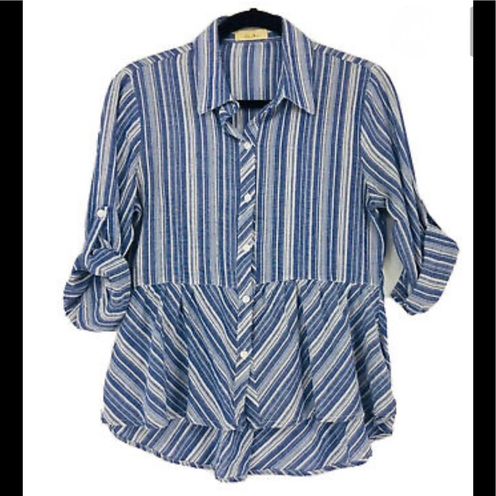 NWT Love Notes Blue Striped Ruffle Shirt Large